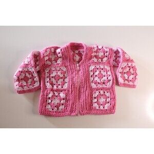 Handmade Infant Girl Pink Granny Square Zip Jacket Soft Crochet Knit Retro 0-3